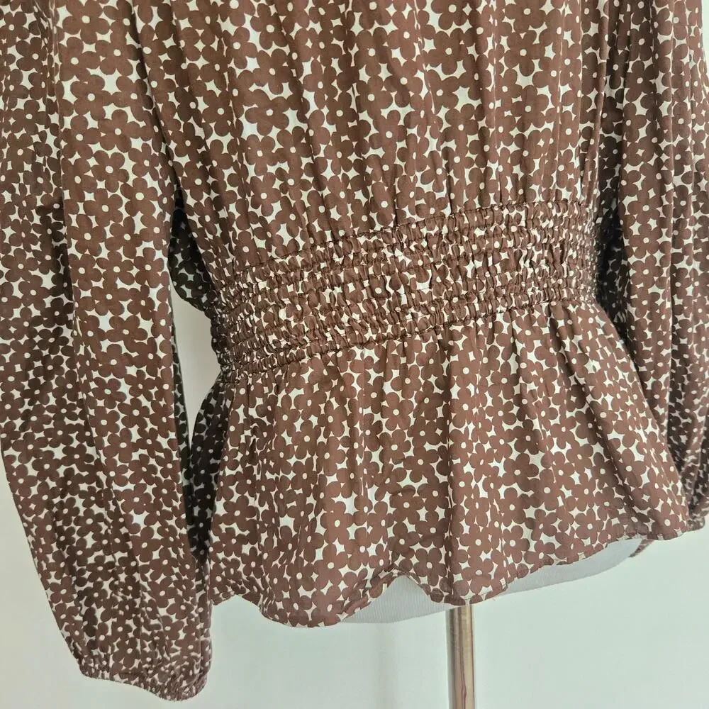 J Crew Womens Cottage Smocked Waist Top Mocha Brown Floral Boho Peplum Medium